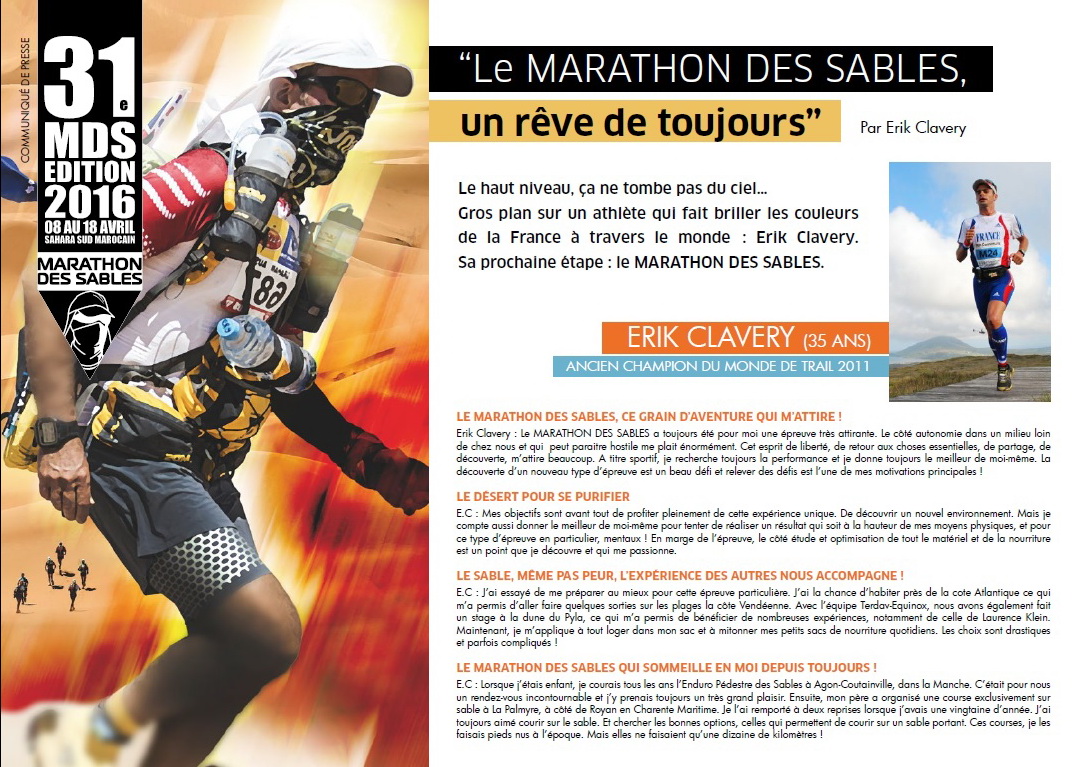 A la rencontre d’Erik Clavery, champion du monde de trail 2011, qui participe au MARATHON DES SABLES 2016‏
