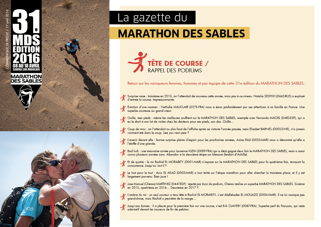 LA GAZETTE DU MARATHON DES SABLES – 17 avril – rappel des podiums‏