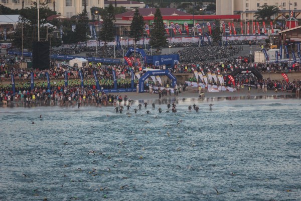 "PORT ELIZABETH, SOUTH AFRICA - APRIL 10: In this handout image provided by Ironman a general view of the swim start during the Standard Bank IRONMAN African Championship at Nelson Mandela Bay, Port Elizabeth on April 10th, 2016 in Port Elizabeth, South Africa. (Photo by Craig Muller/IRONMAN via Getty Images)"